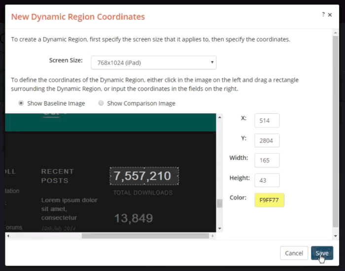 Drawing around the dynamic region to set coordinates