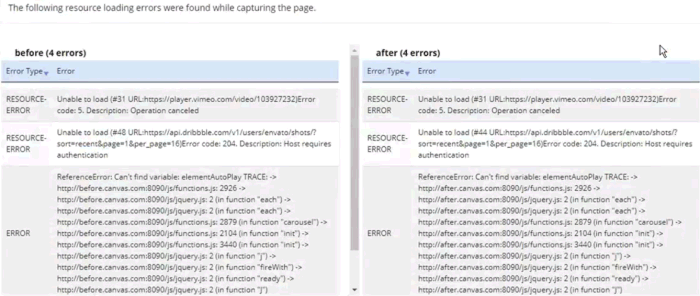 Before and After runs side-by-side comparison of errors