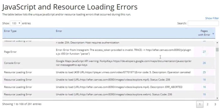 Screenshot showing JavaScript and Resource Loading error details