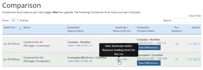 Comparison Runs page with 2 runs listed. Mouse is hovering over first column, with hover text.