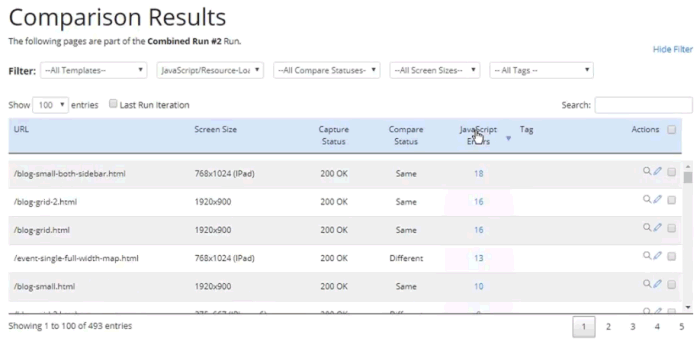 Screenshot showing JavaScript Error pages sorted by total count