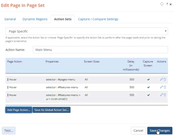 Screenshot showing 3 Page Actions assigned to a Page