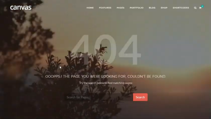 Screenshot of the 404 page with a video playing in the background