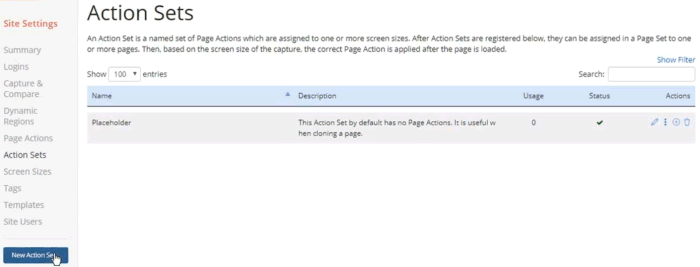 Screenshot of the Page Set Actions page