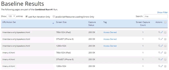 Baseline Results page showing 3 protected pages assigned the tag: Access Denied