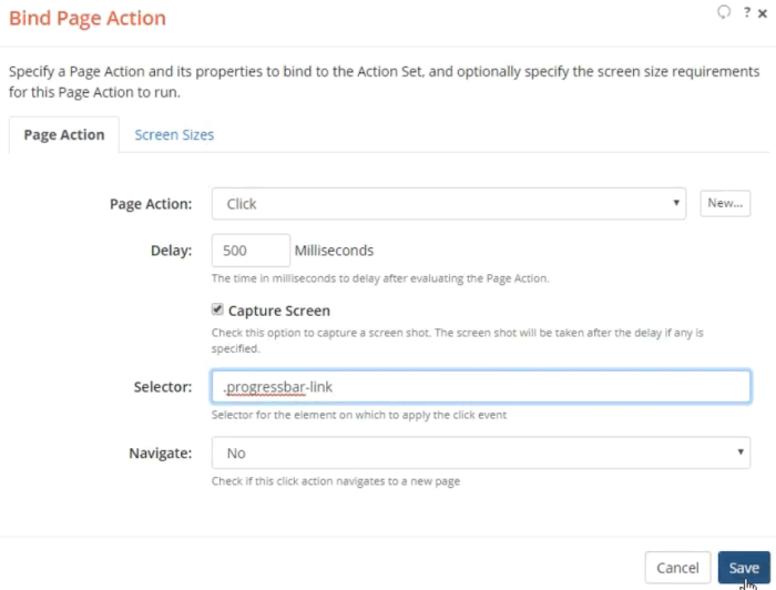 Screenshot of the Bind Page Action dialog