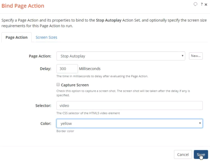 Bind Page Action dialog to bind the Action to the Action Set