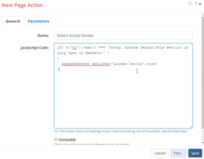 New Page Action dialog with the JavaScript code to detect members only page to assign Tag to it