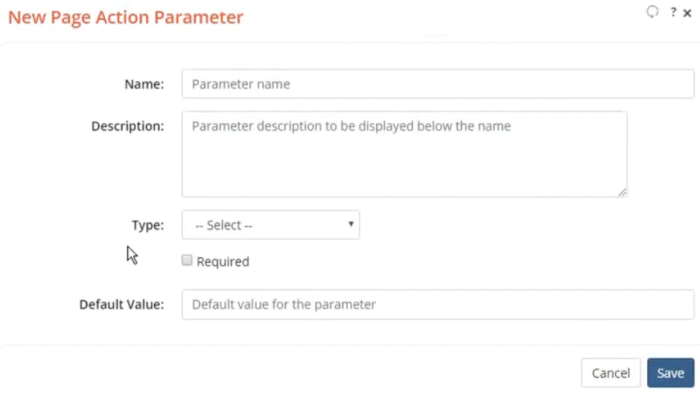 Screenshot of the New Page Action Parameter dialog