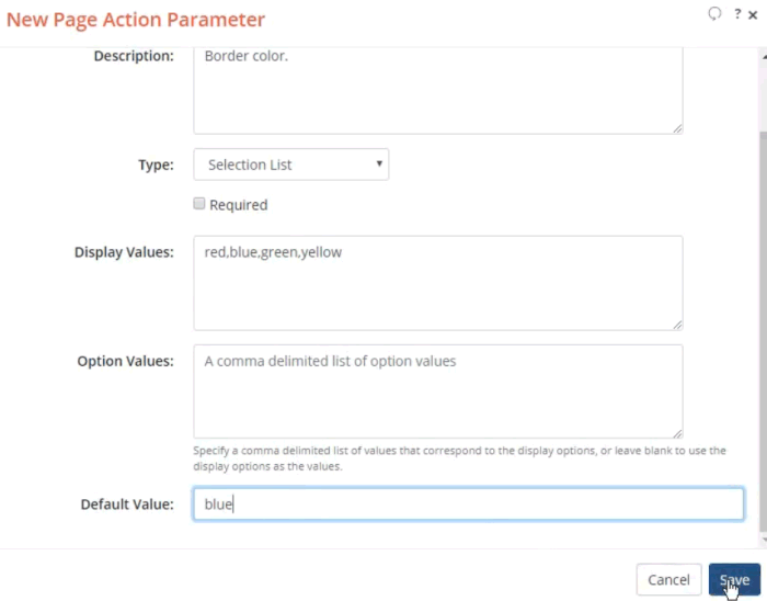 Screenshot of New Page Action Parameter dialog filled in.