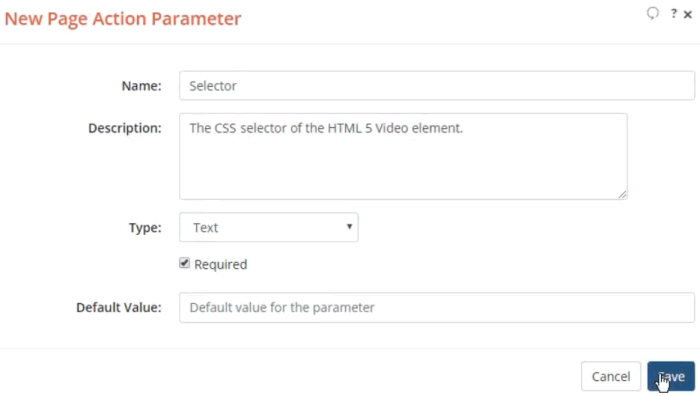 Screenshot of the New Page Action Parameter dialog