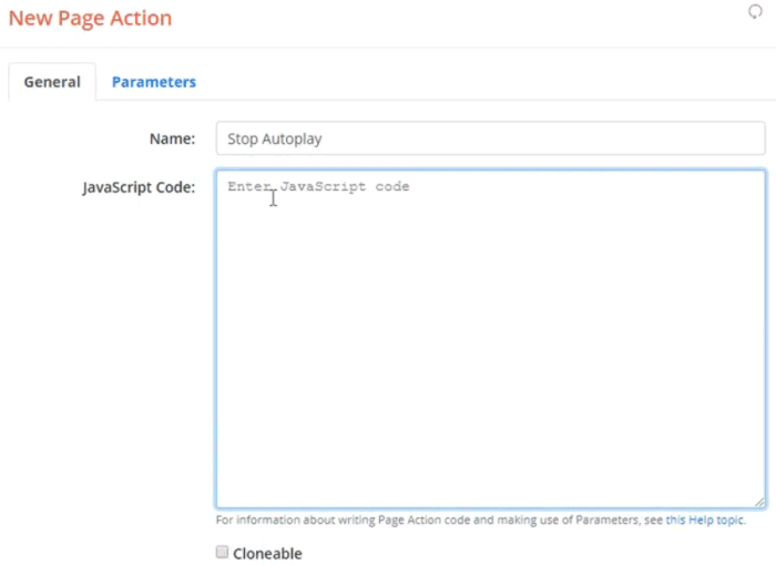 Screenshot of the New Page Action dialog entering Stop Autoplay