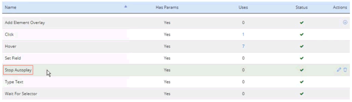 Page Actions list showing the addition of the Stop Autoplay action