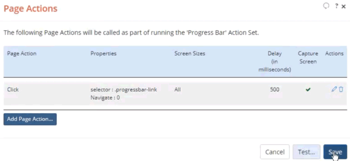 Screen shot of the Page Actions page with one Click action