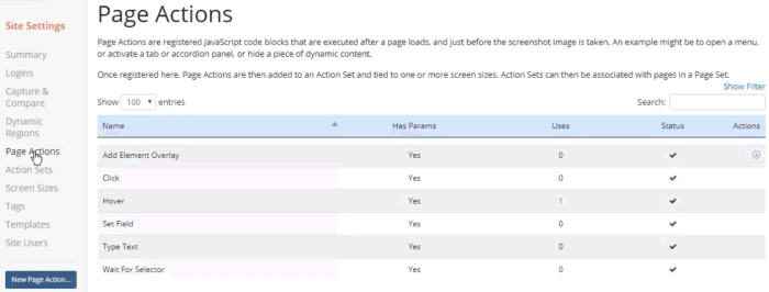 Screenshot of the Page Actions page with default options