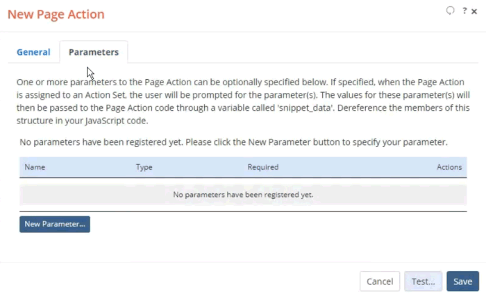 Screenshot of the New Page Action dialog with the Parameters tab opened