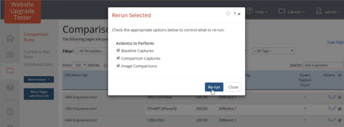 Rerun Selected dialog with Baseline Captures, Comparison Captures and Image Comparisons selected