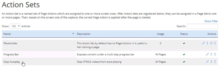 Action Sets page showing the new Stop Autoplay set