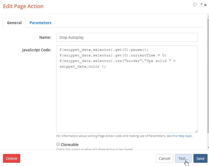 Screenshot of Edit Page Action dialog with Stop Autoplay JavaScript code