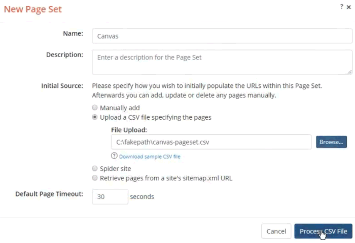 screenshot of the New Page Set dialog with the upload CSV option set