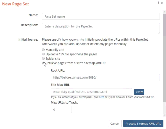 A screenshot of the New Page Set dialog with the Sitemap XML option choosen