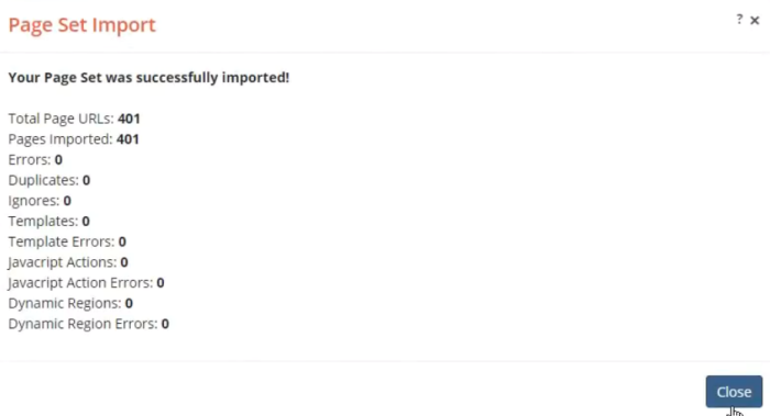A screenshot of the Page Set Import dialog showing 401 URLs imported successfully