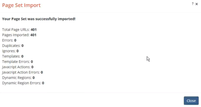A screenshot of the Page set Import dialog, showing 401 URLs were successfully imported.