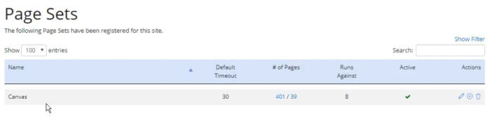 A screenshot of the top of the Page Sets page. Blow the header it shows 1 Page Set record with counts of 401 pages and 39 exclusions