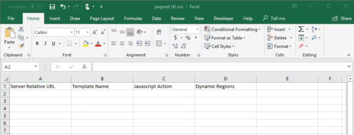A screenshot of the sample excel file with columns: Server Relative URL, Template Name, JavaScript Action and Dynamic Regions