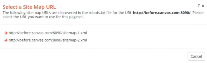 A screenshot of the Select a Site Map URL dialog, showing two sitemap xml files for selection