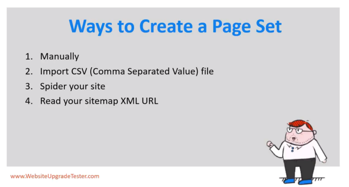 A listing of the four ways to create a Page Set. Manually, import CSV, spider, and read sitemap XML