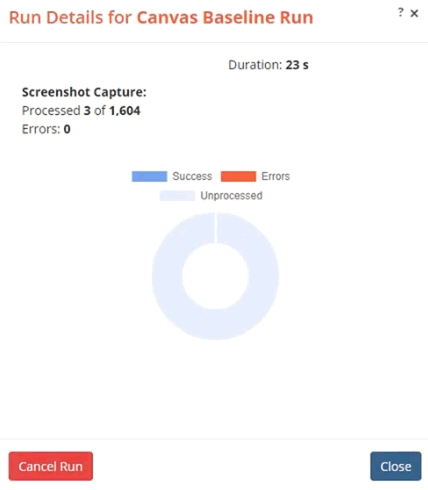 A screenshot of the baseline Run Details status dialog