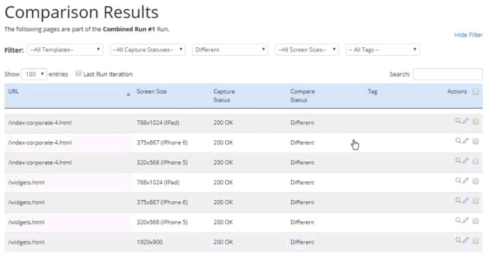 Screenshot of Comparison Results page showing a datatable of individual page results.