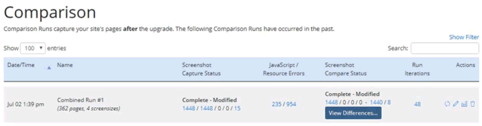 Screenshot of the Comparison runs page, which shows a datatable listing one Comparison Run and its run details.