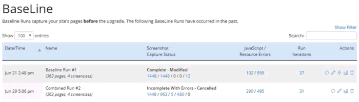 Screenshot of the Baseline Runs page showing 2 runs