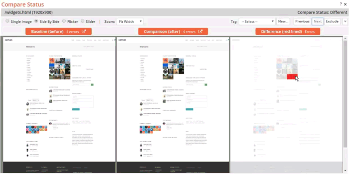 Screenshot of the Compare Status dialog showing the differences on a before and after page