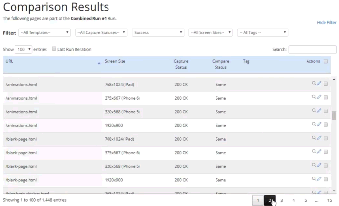 Screenshot of the Comparison Runs page showing page results of the run