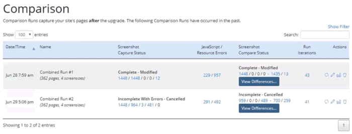 Screenshot of the Comparison Runs page showing 2 runs