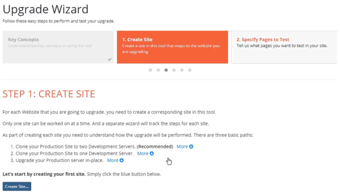 Partial screenshot of the Upgrade Wizard Step 1: Create Site