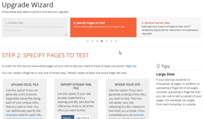 Partial screenshot of Upgrade Wizard Step 2: Specify Pages to Test